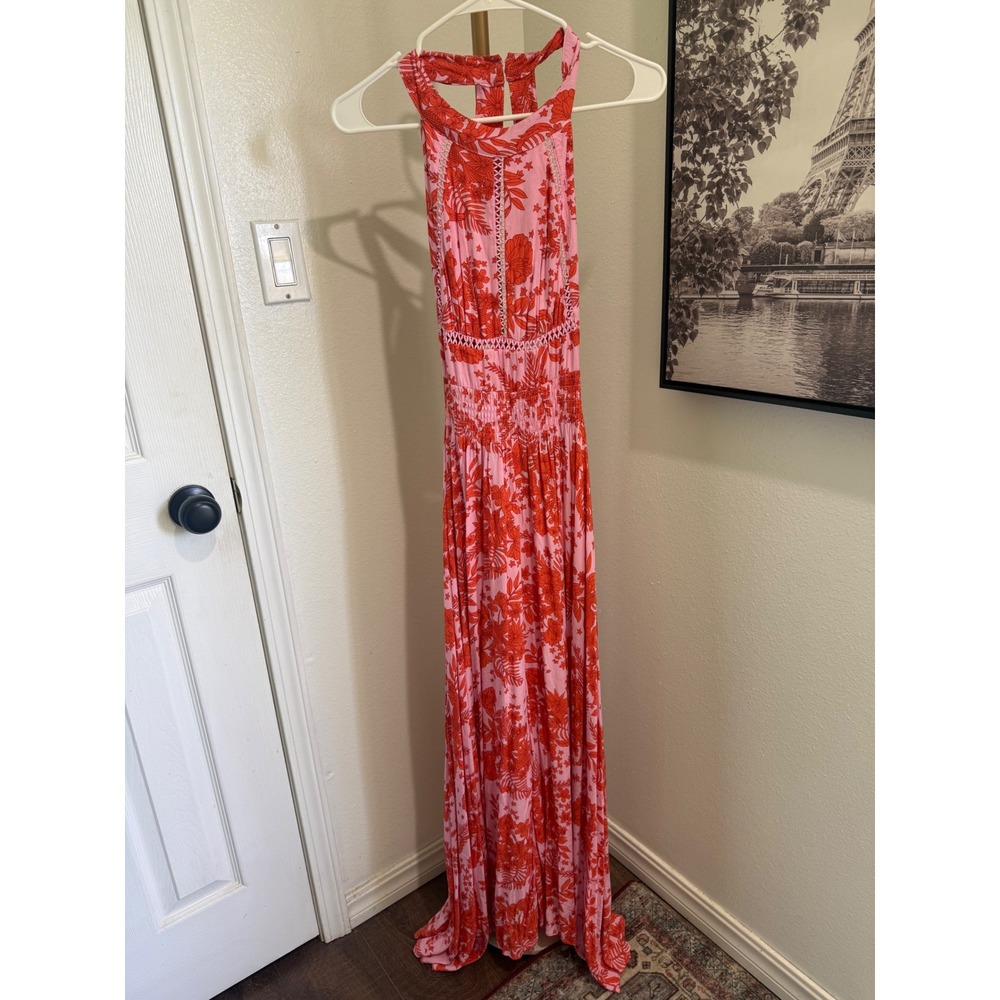 Abel The Label Pink Red Floral Halter Maxi Dress Smocked Waist Crochet Lace XS